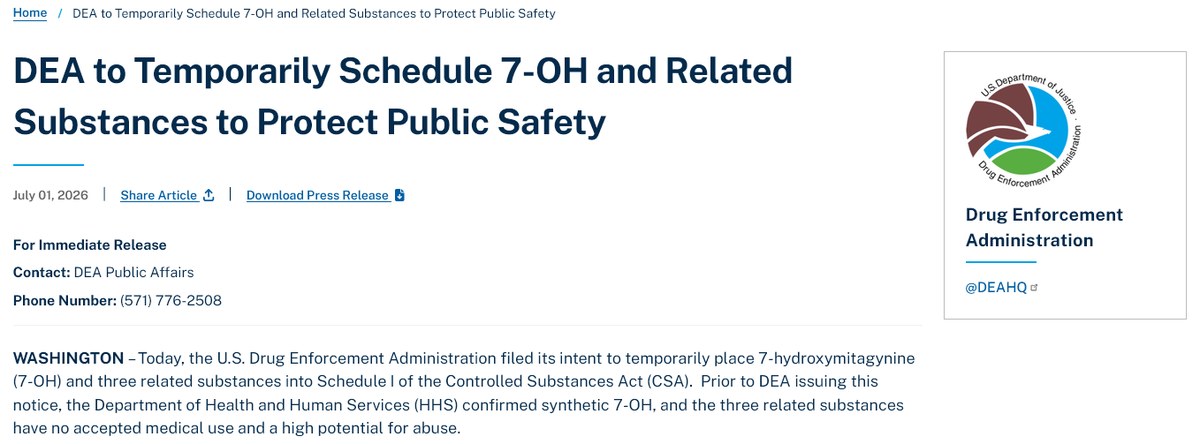 DEA press release headline: DEA to Temporarily Schedule 7-OH and Related Substances to Protect Public Safety, dated July 1, 2026