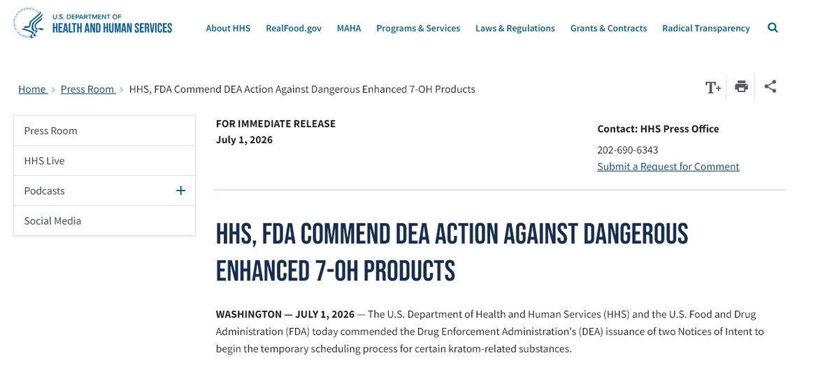HHS press release headline: HHS, FDA Commend DEA Action Against Dangerous Enhanced 7-OH Products, dated July 1, 2026